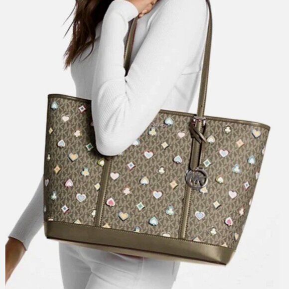 New Michael Kors Jet Set Large Printed Signature Logo Tote Bag Olive - Picture 4 of 4